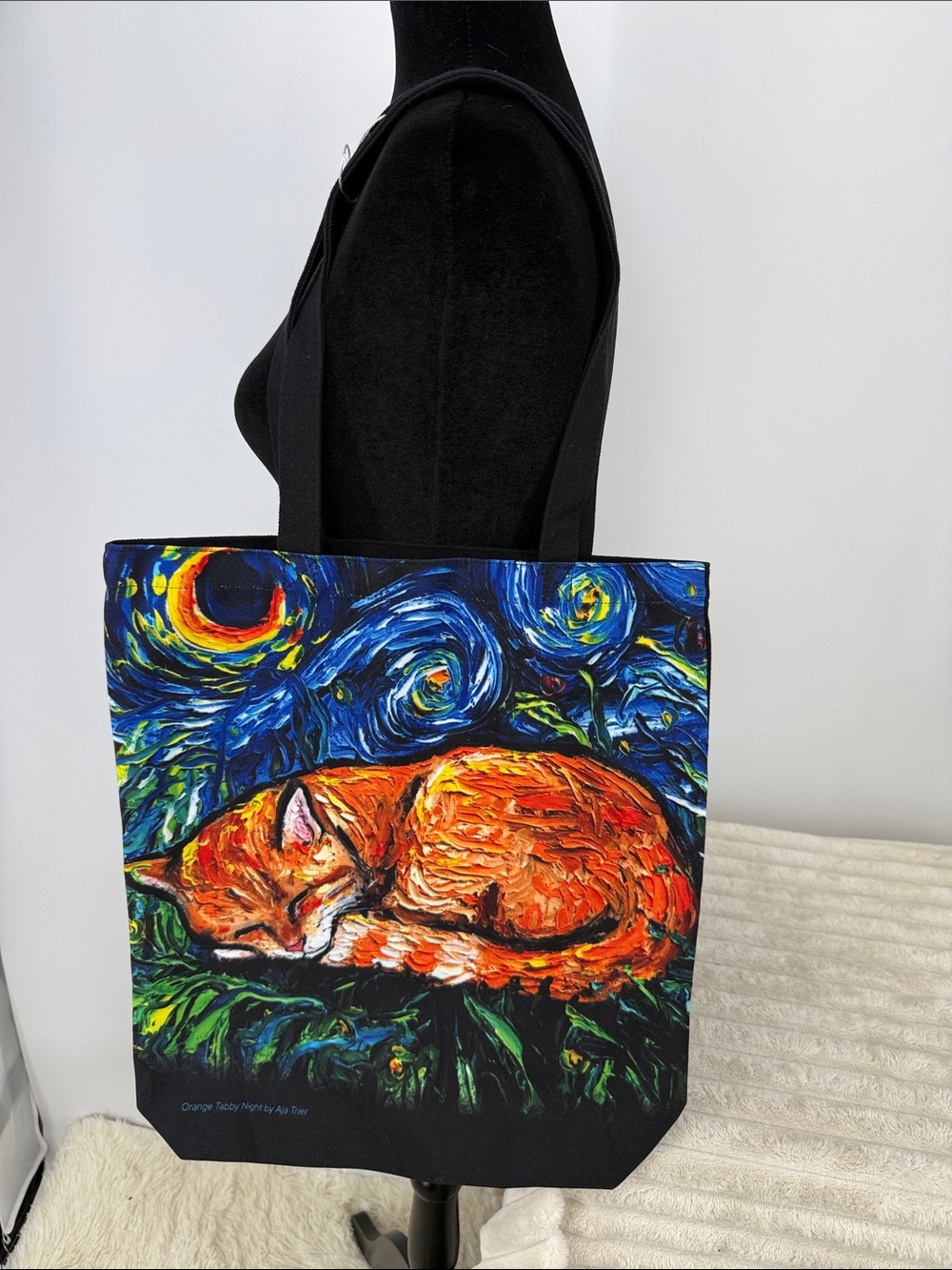 Artistic Orange Cat Canvas Tote in Blue Night Print